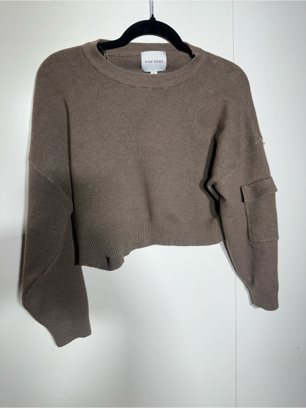Pink Rose Cropped Crewneck Sweater in Taupe Brown